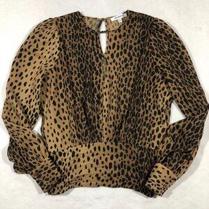 Good American Top Womens 1 Small 2/4 Animal Print Blouse Keyhole Brown Leopard
